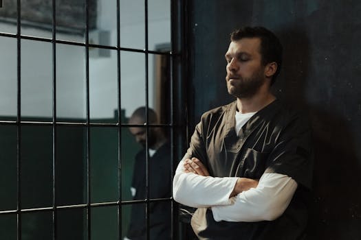 A bearded man in jail uniform stands with arms crossed, reflecting quietly.