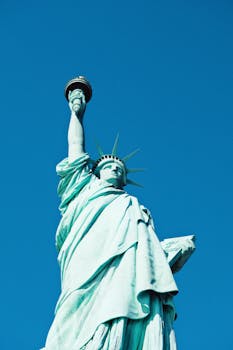 Iconic Statue of Liberty with a clear blue sky in New York City.