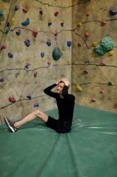 A man sits on a mat in an indoor climbing gym, looking contemplative with a textured rock wall behind him.
