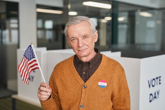 Elderly man with American flag and vote sticker in polling station. Emphasizing civic duty and participation.