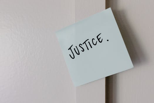 A sticky note with handwritten 'Justice' message on a white wall.